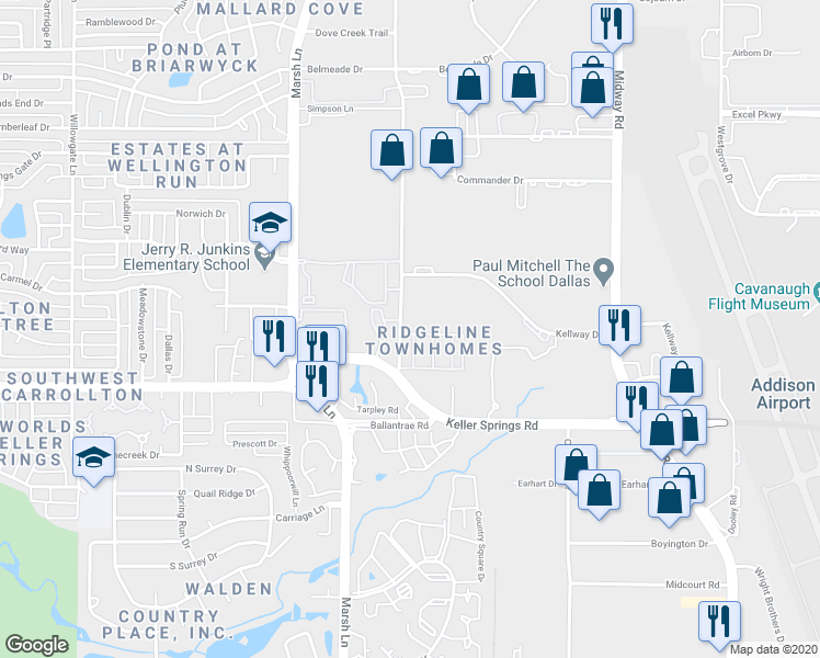 map of restaurants, bars, coffee shops, grocery stores, and more near in Carrollton