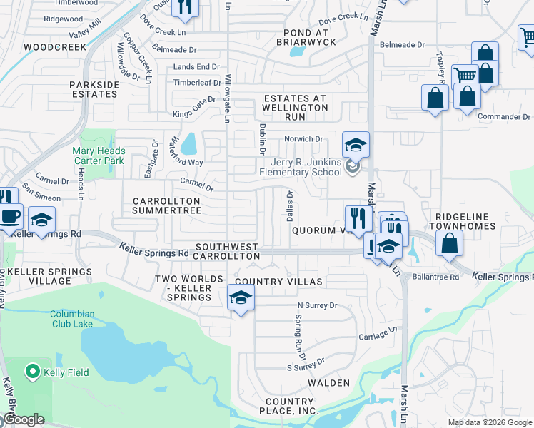 map of restaurants, bars, coffee shops, grocery stores, and more near 2752 Summertree Drive in Carrollton