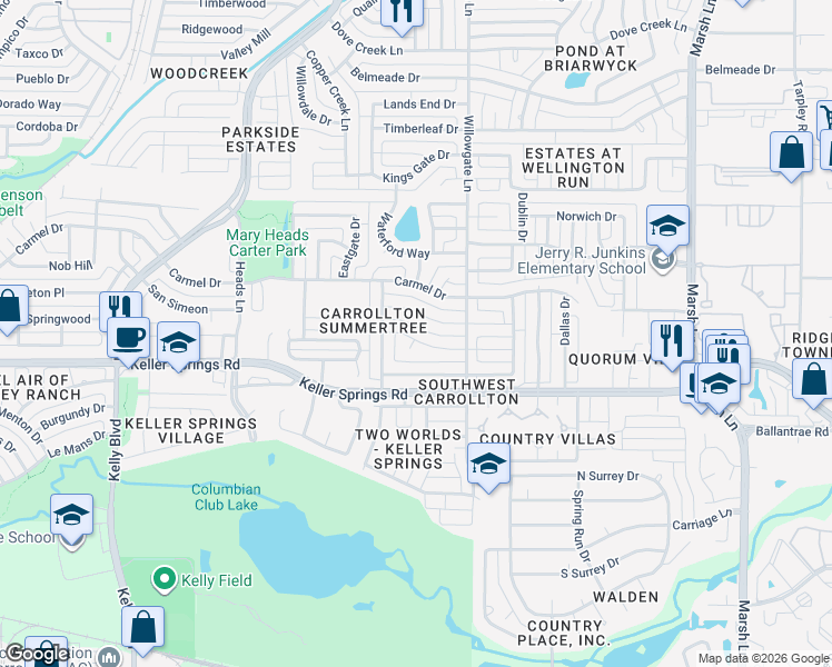 map of restaurants, bars, coffee shops, grocery stores, and more near 2606 Fallcreek Circle in Carrollton