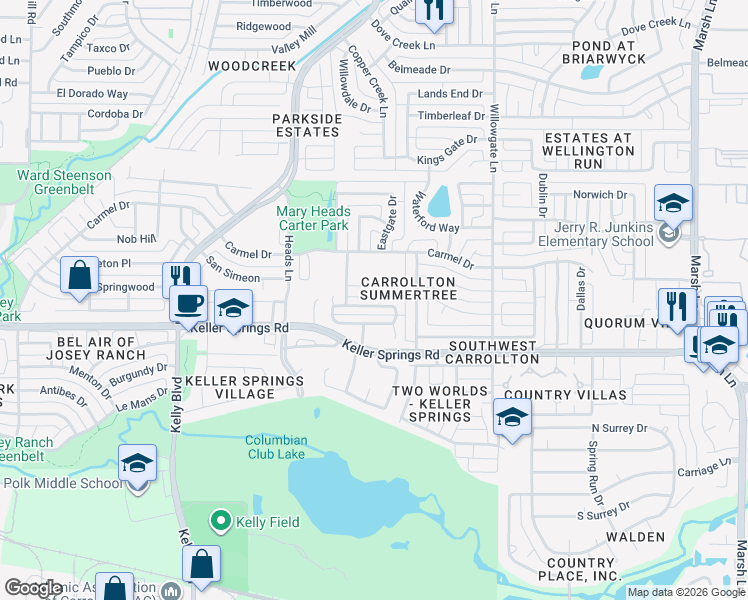 map of restaurants, bars, coffee shops, grocery stores, and more near 2513 Brooke Trail in Carrollton