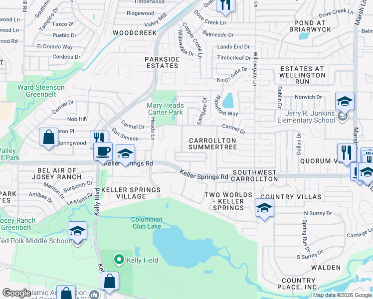 map of restaurants, bars, coffee shops, grocery stores, and more near 2513 Brooke Trail in Carrollton