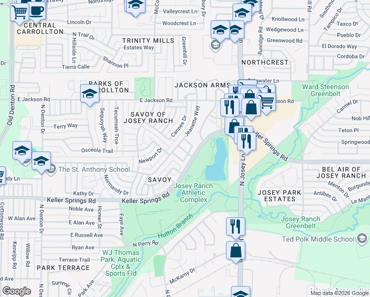 map of restaurants, bars, coffee shops, grocery stores, and more near 1409 Harmony Lane in Carrollton