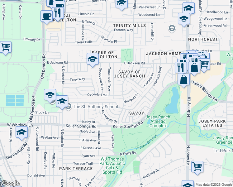 map of restaurants, bars, coffee shops, grocery stores, and more near 1200 Osceola Trail in Carrollton