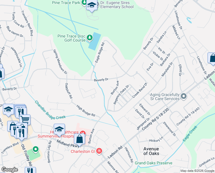 map of restaurants, bars, coffee shops, grocery stores, and more near 107 Creekside Drive in Summerville