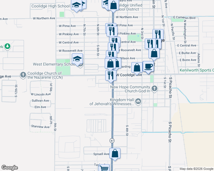 map of restaurants, bars, coffee shops, grocery stores, and more near 532 West Seagoe Avenue in Coolidge