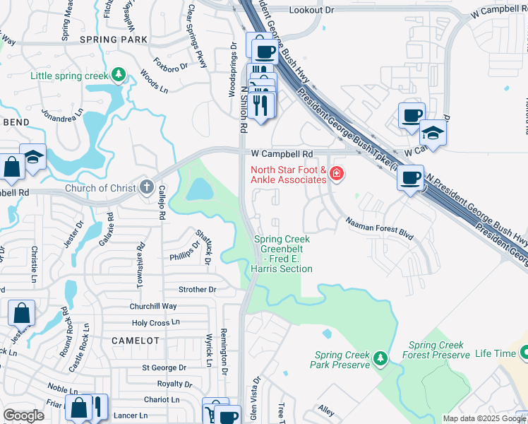 map of restaurants, bars, coffee shops, grocery stores, and more near 6200 North Shiloh Road in Garland
