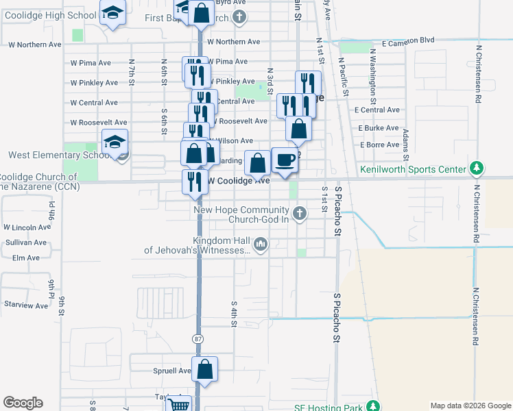 map of restaurants, bars, coffee shops, grocery stores, and more near 348 West Seagoe Avenue in Coolidge