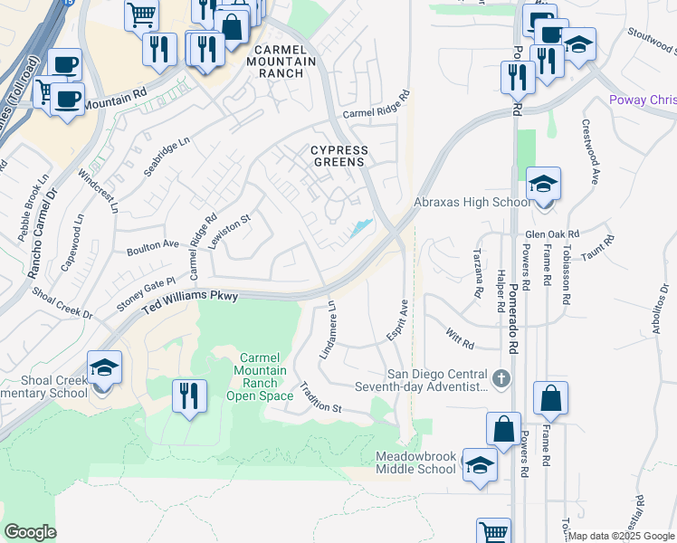 map of restaurants, bars, coffee shops, grocery stores, and more near 12071 Ferncrest Place in San Diego