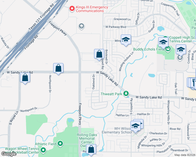 map of restaurants, bars, coffee shops, grocery stores, and more near 130 Oakbend Drive in Coppell