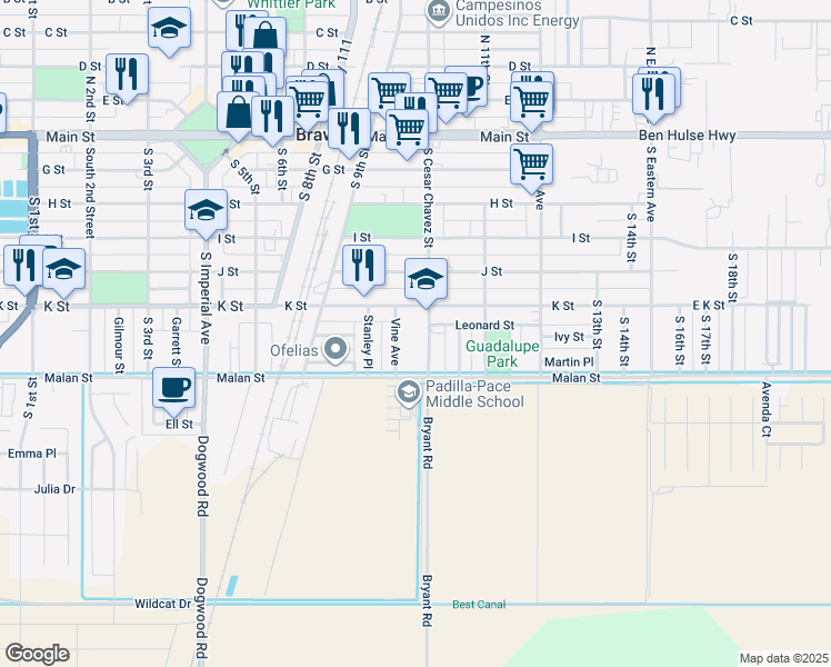 map of restaurants, bars, coffee shops, grocery stores, and more near 615 South Cesar Chavez Street in Brawley