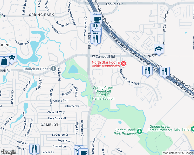 map of restaurants, bars, coffee shops, grocery stores, and more near 6134 North Shiloh Road in Garland