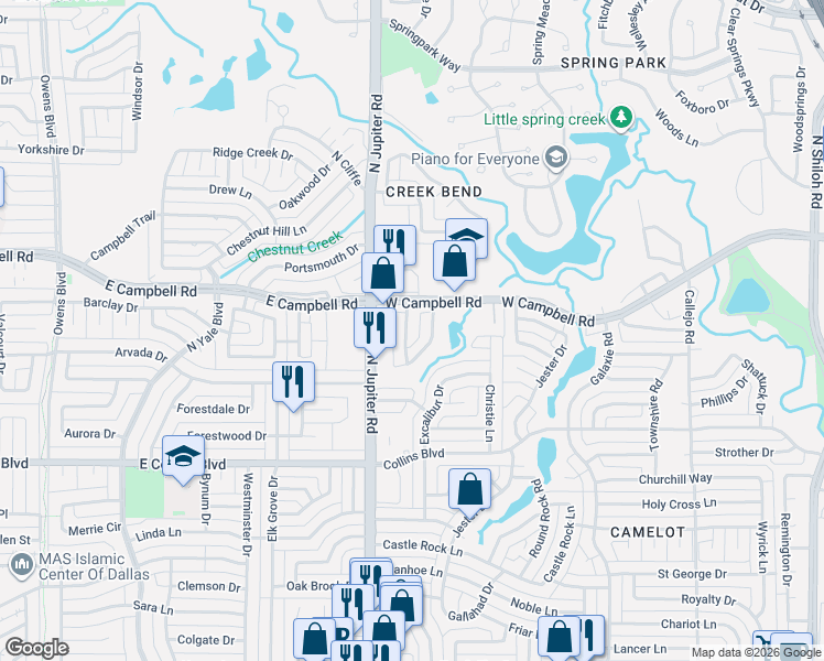 map of restaurants, bars, coffee shops, grocery stores, and more near 6117 Clear Creek Dr in Garland