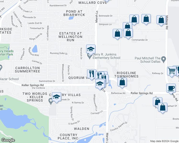 map of restaurants, bars, coffee shops, grocery stores, and more near 2221 Marsh Lane in Carrollton