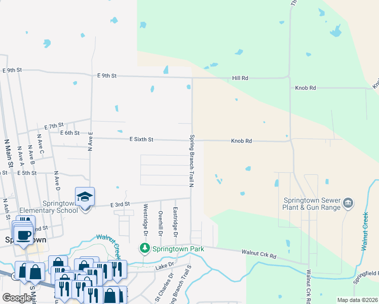 map of restaurants, bars, coffee shops, grocery stores, and more near 1130 Knob Road in Springtown