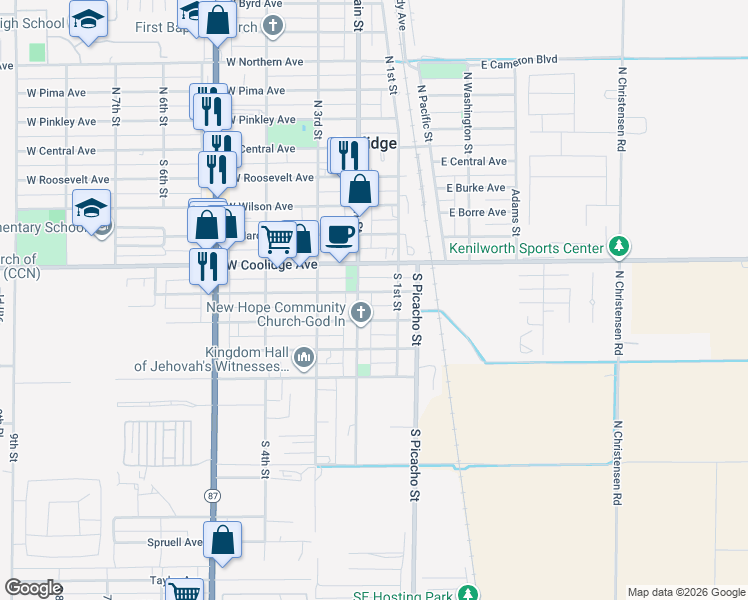 map of restaurants, bars, coffee shops, grocery stores, and more near 145 West Lincoln Avenue in Coolidge