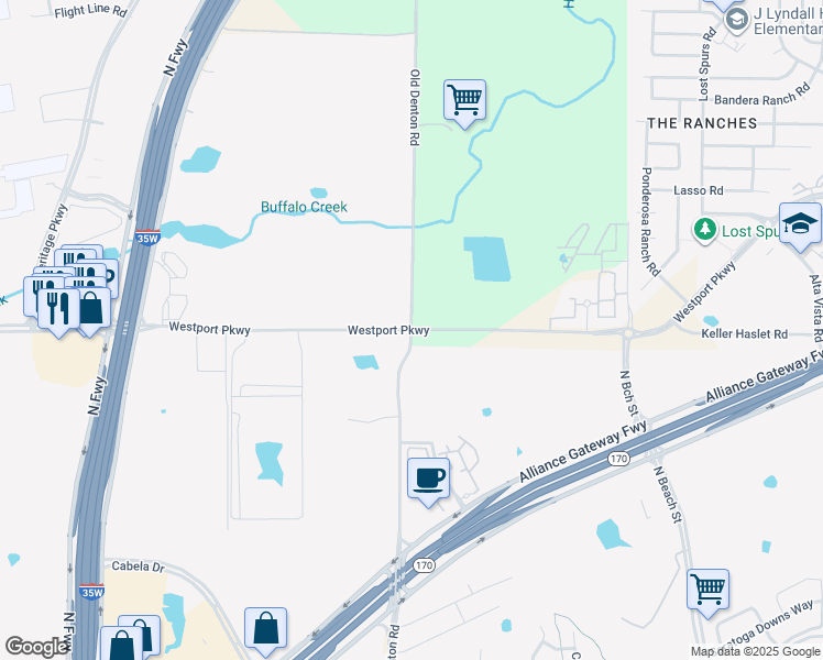 map of restaurants, bars, coffee shops, grocery stores, and more near 3301 Westport Parkway in Fort Worth