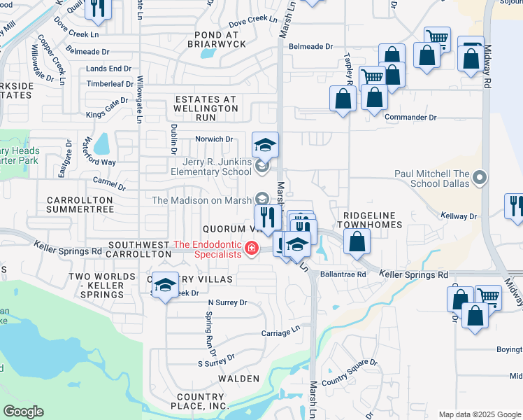 map of restaurants, bars, coffee shops, grocery stores, and more near 2245 Marsh Lane in Carrollton