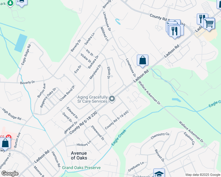 map of restaurants, bars, coffee shops, grocery stores, and more near 104 Elliott Drive in Ladson