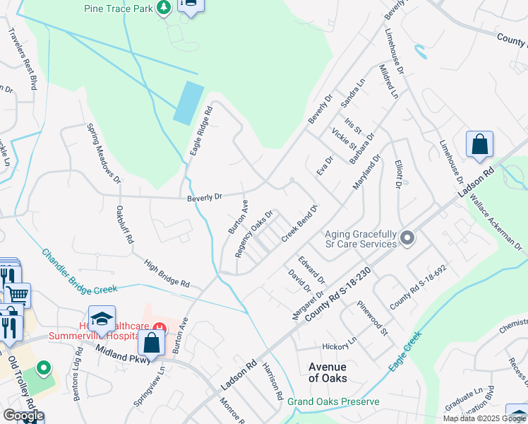 map of restaurants, bars, coffee shops, grocery stores, and more near 49 Regency Oaks Drive in Summerville