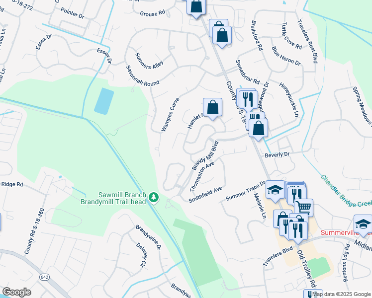 map of restaurants, bars, coffee shops, grocery stores, and more near 118 Wainwright Manor in Summerville