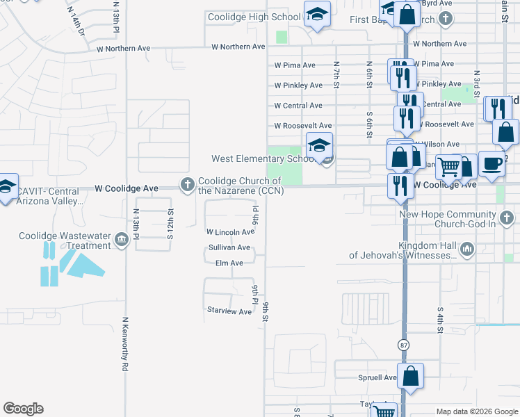 map of restaurants, bars, coffee shops, grocery stores, and more near 707 9th Place in Coolidge