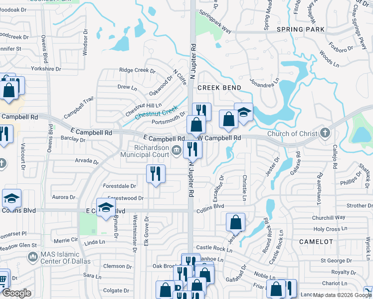 map of restaurants, bars, coffee shops, grocery stores, and more near 1951 North Jupiter Road in Richardson