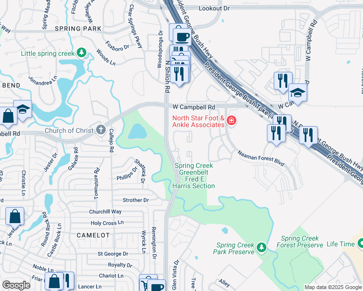 map of restaurants, bars, coffee shops, grocery stores, and more near 6200 North Shiloh Road in Garland