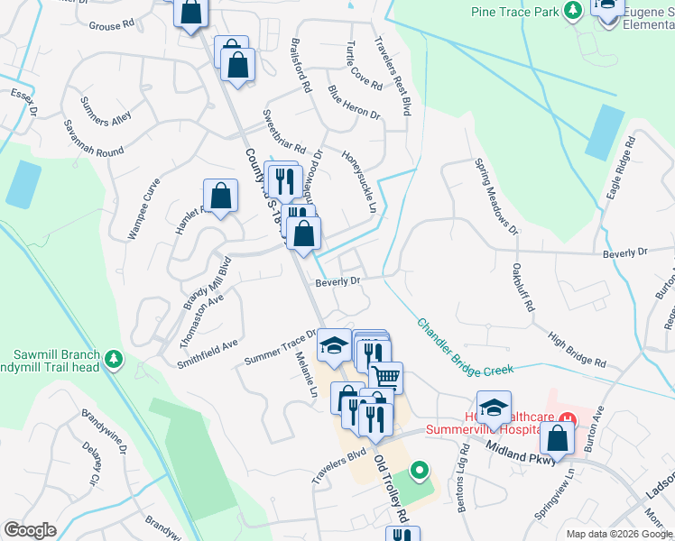 map of restaurants, bars, coffee shops, grocery stores, and more near 101 Bridge Pointe Lane in Summerville
