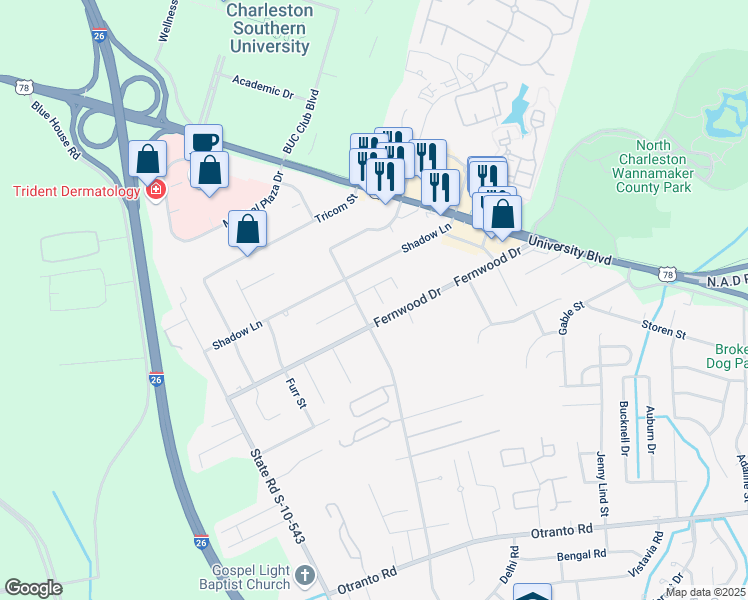 map of restaurants, bars, coffee shops, grocery stores, and more near 2753 Donner Avenue in North Charleston
