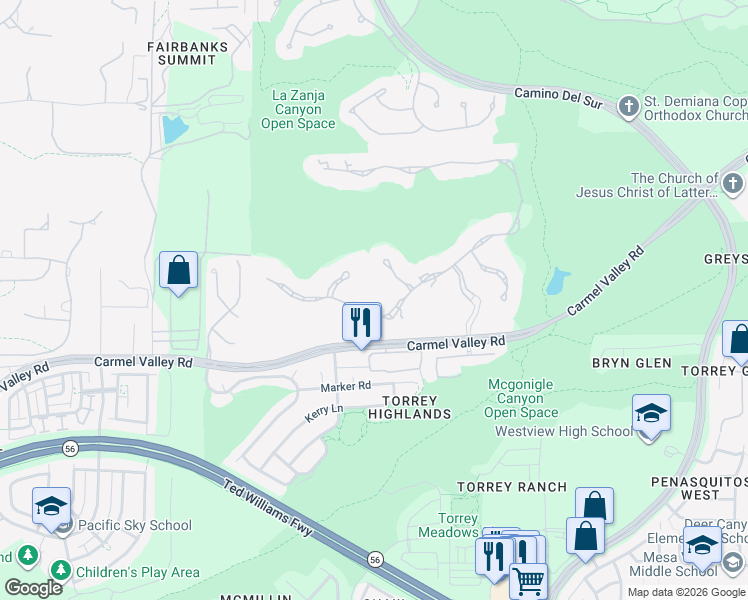 map of restaurants, bars, coffee shops, grocery stores, and more near 14058 Caminito Vistana in San Diego