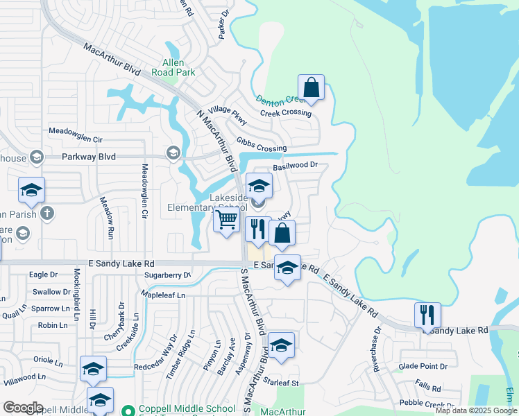 map of restaurants, bars, coffee shops, grocery stores, and more near 1100 Village Parkway in Coppell