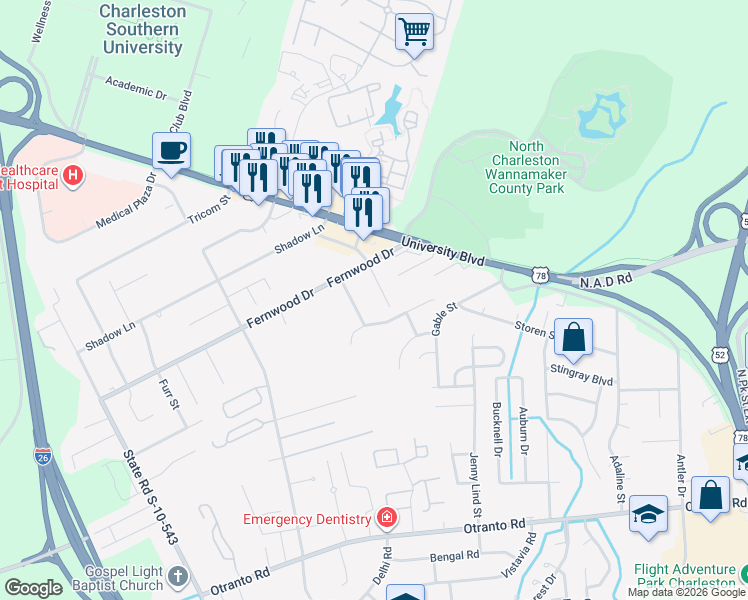 map of restaurants, bars, coffee shops, grocery stores, and more near 8961 Baldwin Road in North Charleston