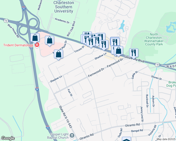 map of restaurants, bars, coffee shops, grocery stores, and more near 2753 Donner Avenue in North Charleston