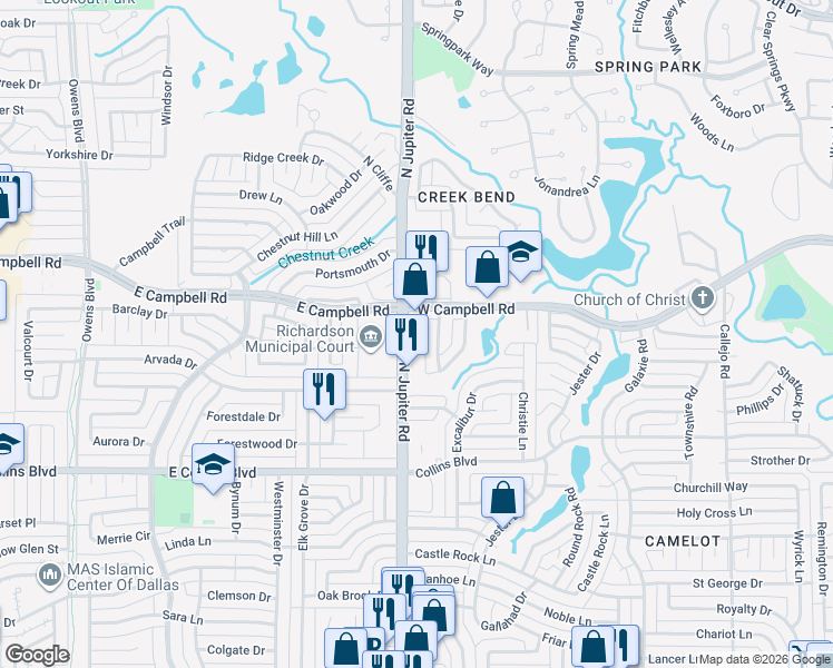map of restaurants, bars, coffee shops, grocery stores, and more near 1951 North Jupiter Road in Richardson