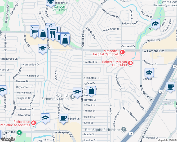 map of restaurants, bars, coffee shops, grocery stores, and more near 426 Cambridge Drive in Richardson