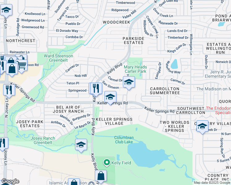 map of restaurants, bars, coffee shops, grocery stores, and more near 2219 San Simeon in Carrollton