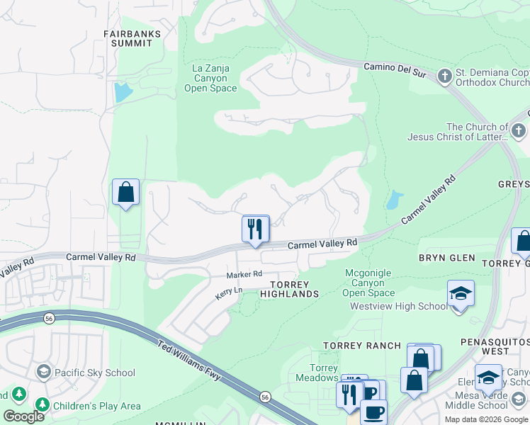 map of restaurants, bars, coffee shops, grocery stores, and more near 14058 Caminito Vistana in San Diego