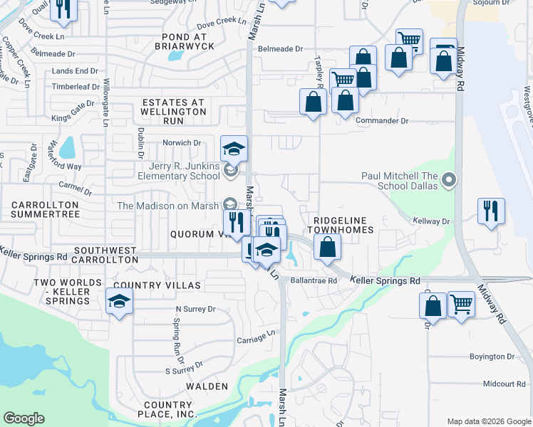 map of restaurants, bars, coffee shops, grocery stores, and more near 2300 Marsh Lane in Carrollton
