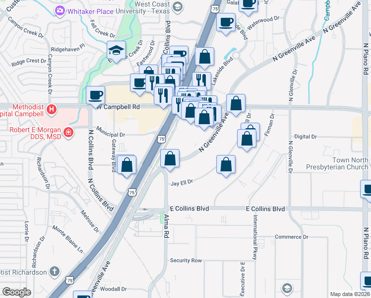 map of restaurants, bars, coffee shops, grocery stores, and more near 1735 North Greenville Avenue in Richardson