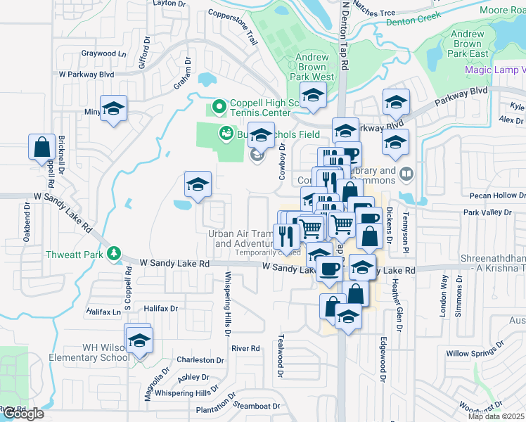 map of restaurants, bars, coffee shops, grocery stores, and more near 156 Oak Trail in Coppell