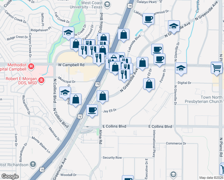 map of restaurants, bars, coffee shops, grocery stores, and more near 1735 North Greenville Avenue in Richardson