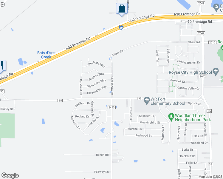 map of restaurants, bars, coffee shops, grocery stores, and more near 2147 Clearwater Way in Royse City