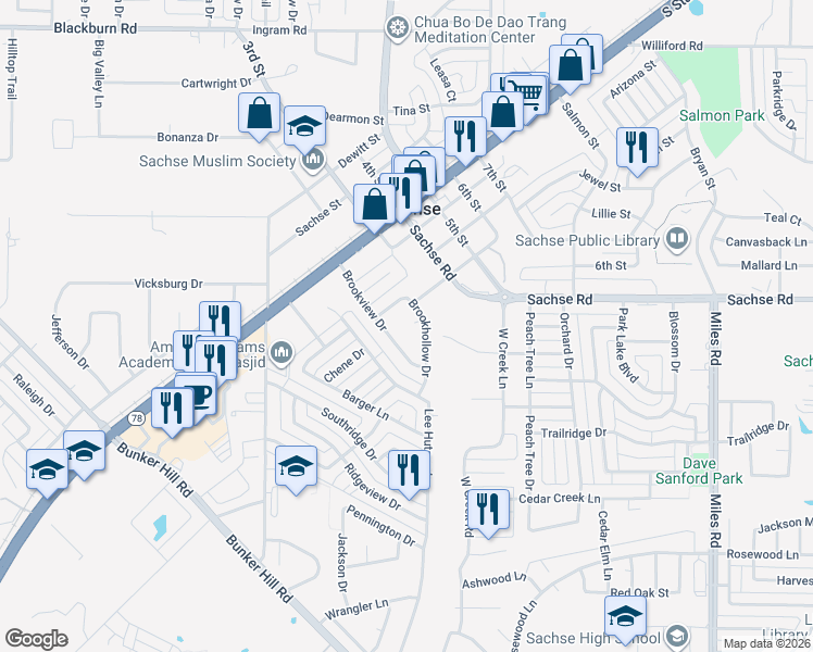 map of restaurants, bars, coffee shops, grocery stores, and more near 5606 Brookhollow Court in Sachse