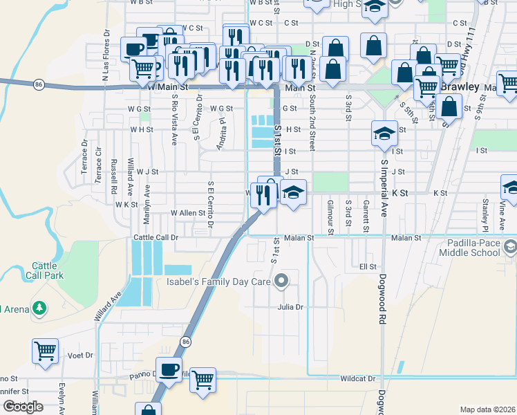 map of restaurants, bars, coffee shops, grocery stores, and more near 621 South Brawley Avenue in Brawley