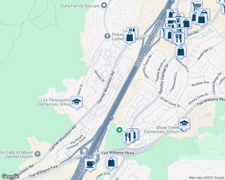map of restaurants, bars, coffee shops, grocery stores, and more near 10955 Carmel Mountain Road in San Diego