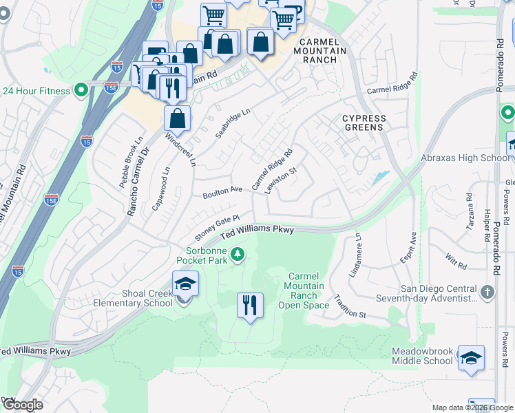 map of restaurants, bars, coffee shops, grocery stores, and more near 13888 Carmel Ridge Road in San Diego