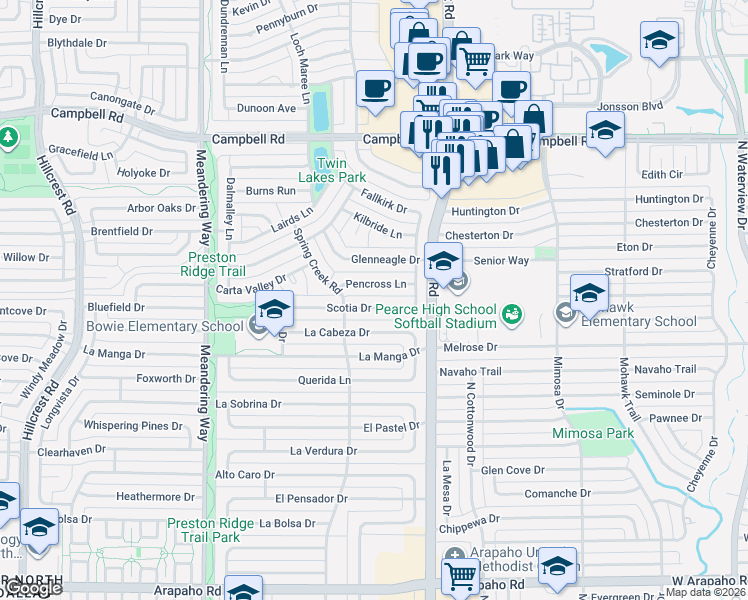 map of restaurants, bars, coffee shops, grocery stores, and more near 7815 Pencross Lane in Dallas