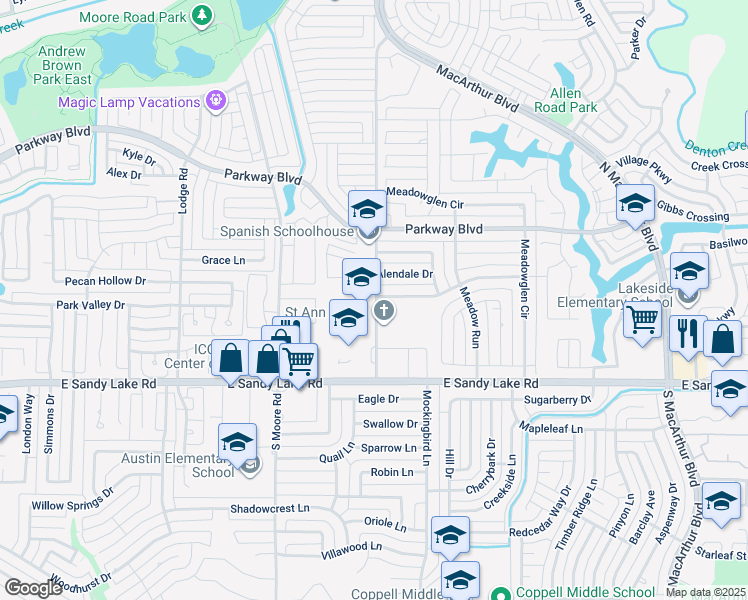 map of restaurants, bars, coffee shops, grocery stores, and more near 707 Alendale Drive in Coppell
