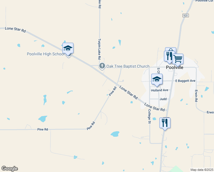 map of restaurants, bars, coffee shops, grocery stores, and more near 1001 East Lone Star Road in Poolville