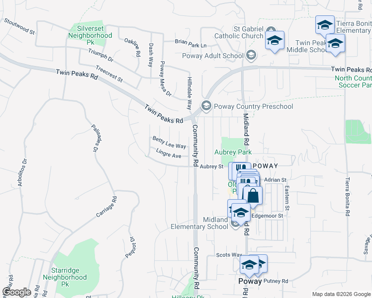 map of restaurants, bars, coffee shops, grocery stores, and more near 14310 Sandown Court in Poway